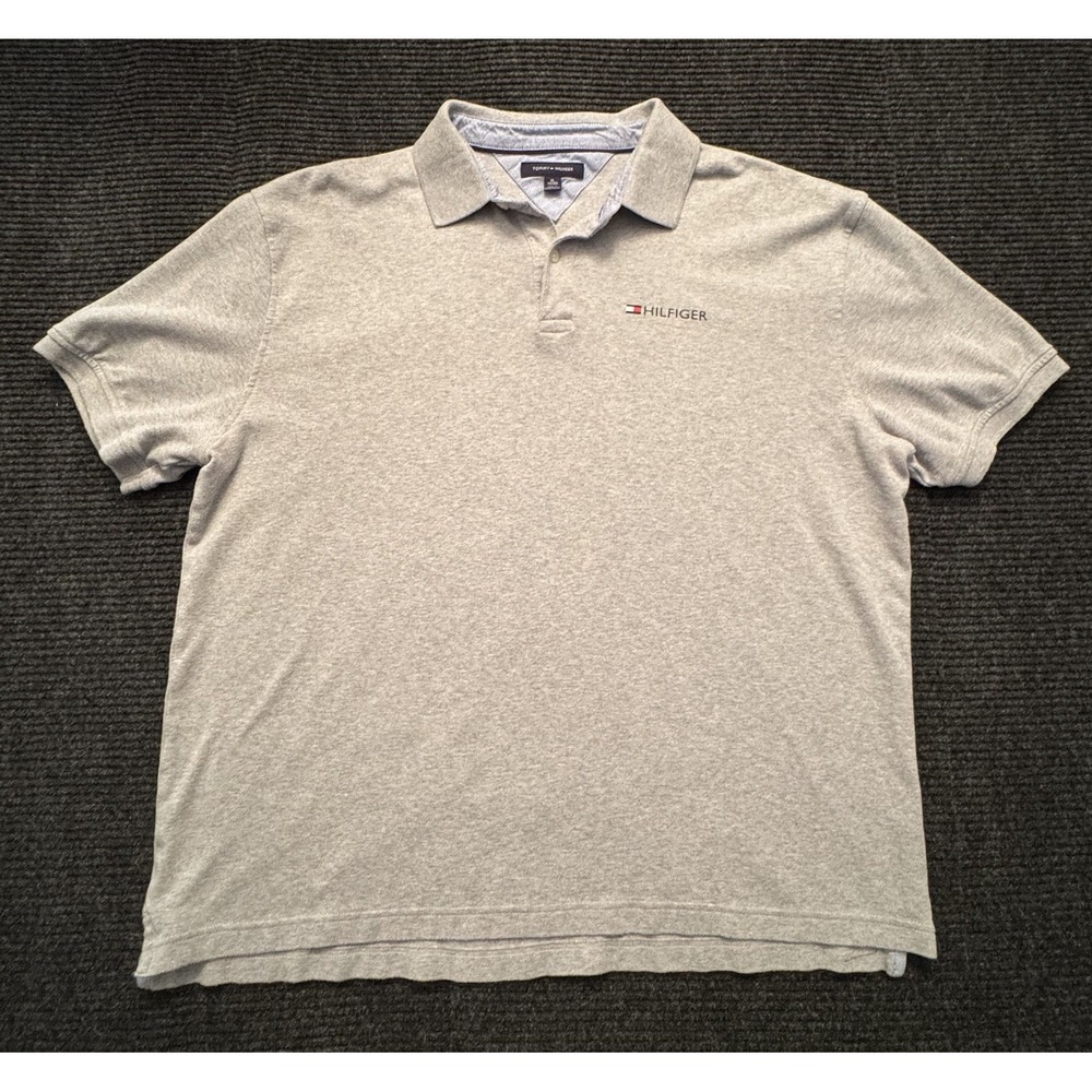 Tommy Hilfiger Men Polo Shirt Size XL Gray Short Sleeve Embroidered Spell Out